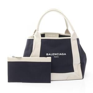 Balenciaga Navy Blue Cabas Tote Bag Canvas Leather White